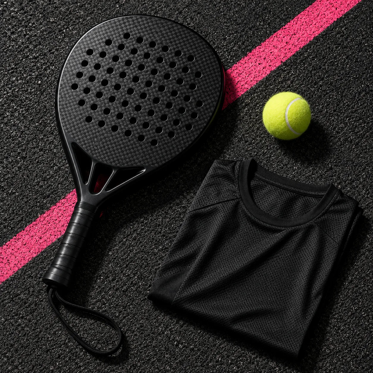 Padel racket and ball on court